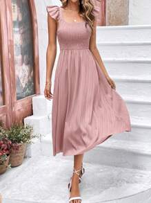 SHEIN Frenchy Đầm Xù Dải chun màu trơn Boho - Hồng - Xem 5