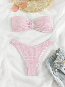 Swim Mod Solid Color Textured Bikini For Beach Vacation - Baby Pink - View 1