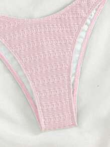 Swim Mod Solid Color Textured Bikini For Beach Vacation - Baby Pink - View 3