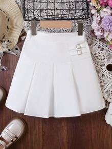 SHEIN 女孩帶扣細節百褶半身裙 - 白色 - 查看 1