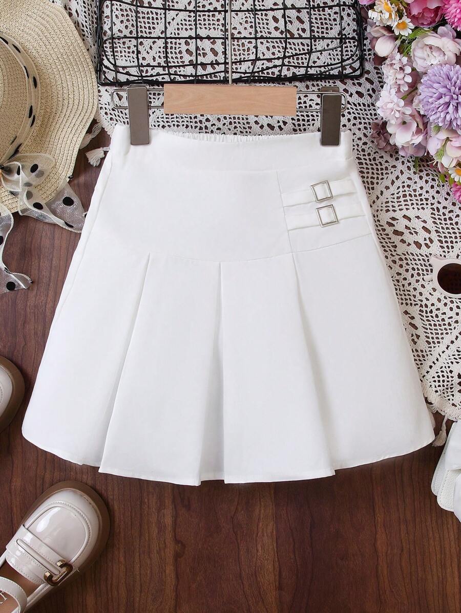 SHEIN 女孩帶扣細節百褶半身裙 - 白色 - 查看 1