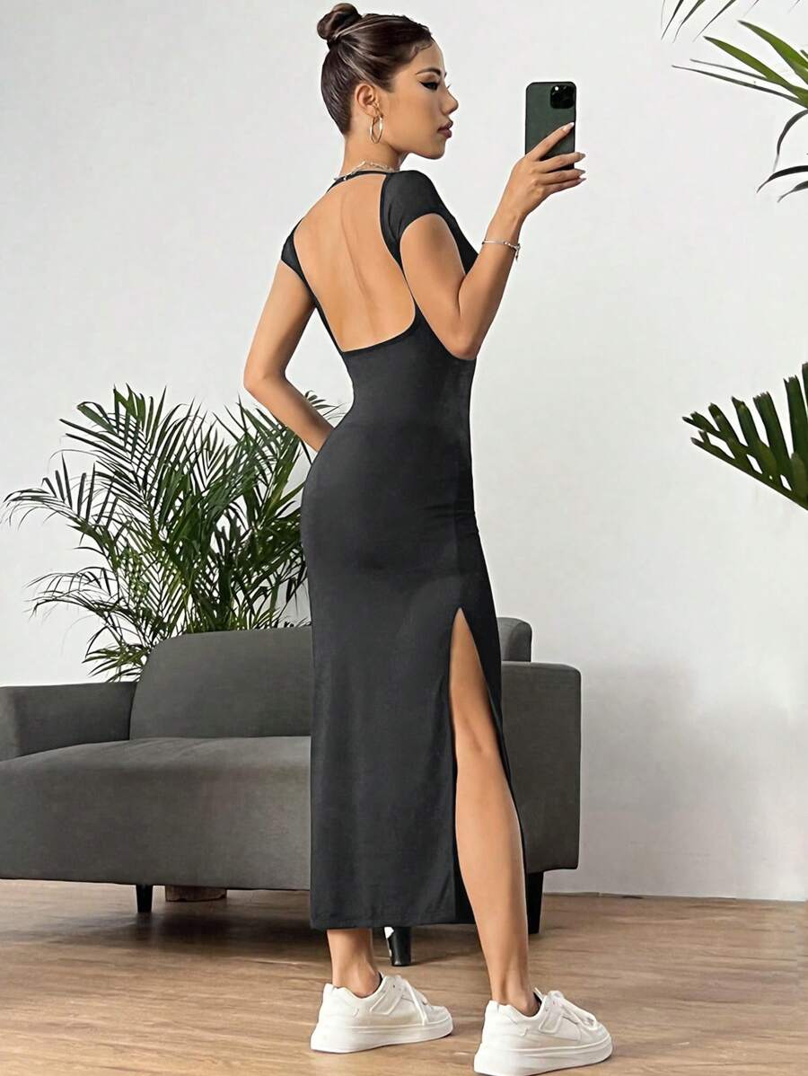 SHEIN EZwear 休閒高衩 露背純色女士連衣裙 - 深灰色 - 查看 1