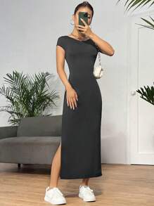 SHEIN EZwear 休閒高衩 露背純色女士連衣裙 - 深灰色 - 查看 2