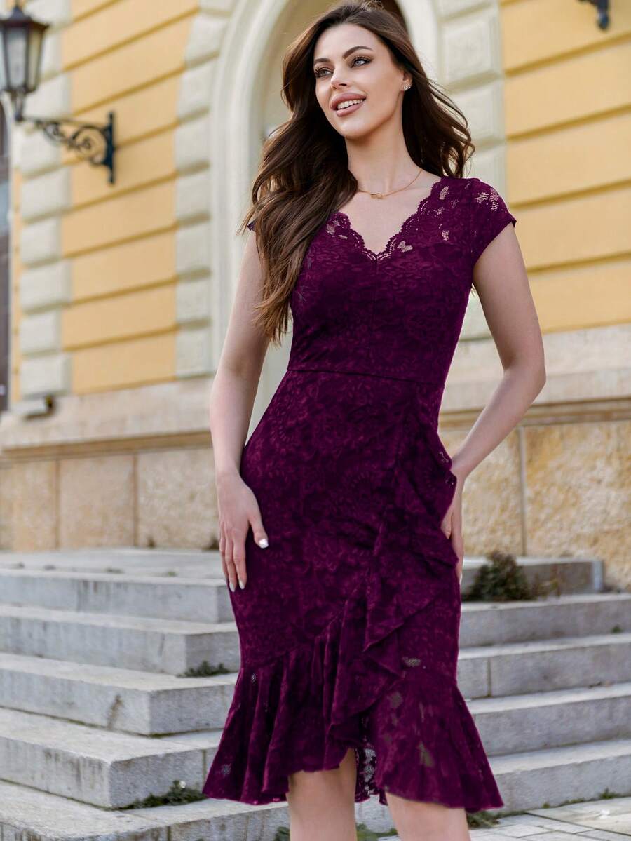 MIUSOL Solid Lace Ruffle Trim Wrap Hem Cocktail Party Bodycon Dress, Semi Formal Dress