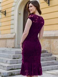 MIUSOL Solid Lace Ruffle Trim Wrap Hem Cocktail Party Bodycon Dress, Semi Formal Dress - Maroon - View 3