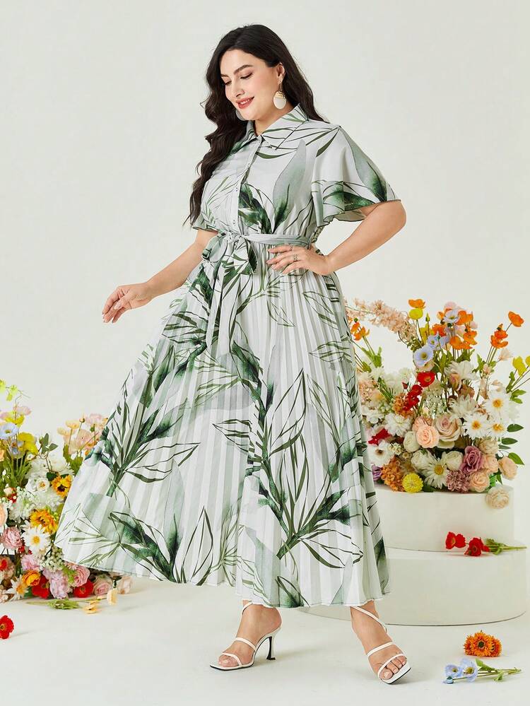 Mulvari 大碼樹葉印花百褶下擺腰帶襯衫洋裝 - 彩色 - 查看 1