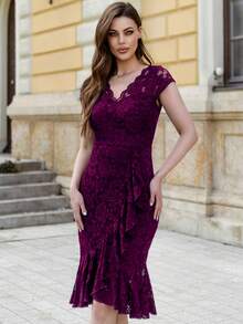 MIUSOL Solid Lace Ruffle Trim Wrap Hem Cocktail Party Bodycon Dress, Semi Formal Dress - Maroon - View 4