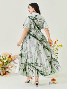 Mulvari Plus Leaf Print Pleated Hem Belted Shirt Dress - Multicolor - View 2
