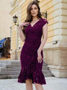 MIUSOL Solid Lace Ruffle Trim Wrap Hem Cocktail Party Bodycon Dress, Semi Formal Dress - Maroon - View 5