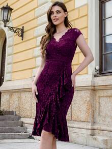 MIUSOL Solid Lace Ruffle Trim Wrap Hem Cocktail Party Bodycon Dress, Semi Formal Dress - Maroon - View 7