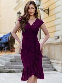 MIUSOL Solid Lace Ruffle Trim Wrap Hem Cocktail Party Bodycon Dress, Semi Formal Dress - Maroon - View 8