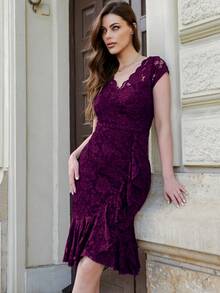 MIUSOL Solid Lace Ruffle Trim Wrap Hem Cocktail Party Bodycon Dress, Semi Formal Dress - Maroon - View 9