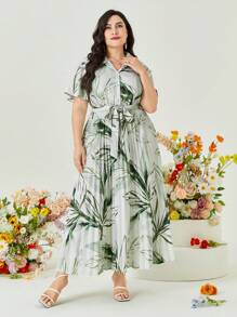 Mulvari Plus Leaf Print Pleated Hem Belted Shirt Dress - Multicolor - View 5