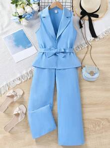 SHEIN 女孩西裝領背心襯衫&闊腿褲套裝 - 藍色 - 查看 1