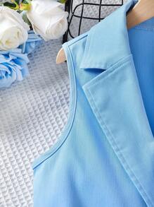 SHEIN 女孩西裝領背心襯衫&闊腿褲套裝 - 藍色 - 查看 4