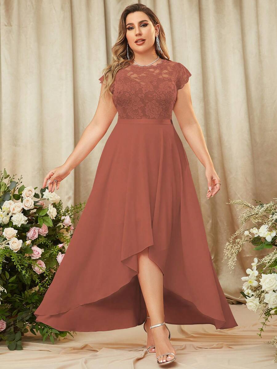 MIUSOL Plus Contrast Lace High Low Hem Formal Dress - Burnt Orange - View 1