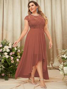 MIUSOL Plus Contrast Lace High Low Hem Formal Dress - Burnt Orange - View 5