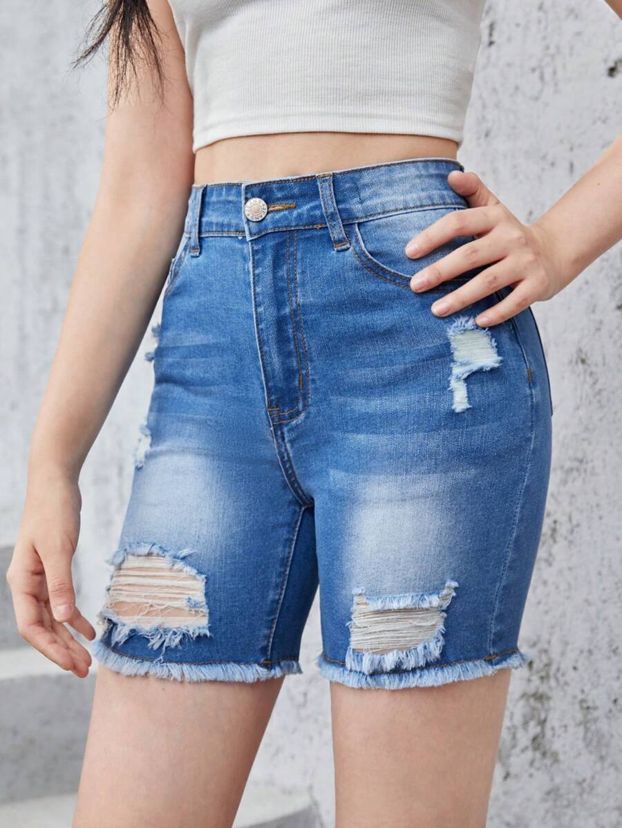 Teen Girls Ripped Raw Hem Denim Shorts - Medium Wash - View 1