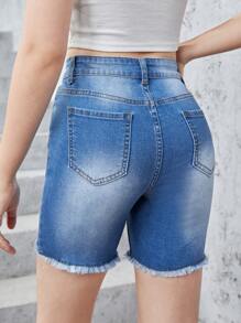 Teen Girls Ripped Raw Hem Denim Shorts - Medium Wash - View 2