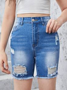 Teen Girls Ripped Raw Hem Denim Shorts - Medium Wash - View 3