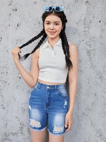 Teen Girls Ripped Raw Hem Denim Shorts - Medium Wash - View 4