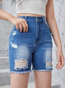 Teen Girls Ripped Raw Hem Denim Shorts - Medium Wash - View 5