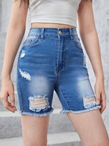 Teen Girls Ripped Raw Hem Denim Shorts - Medium Wash - View 6