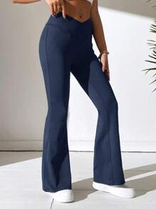 SHEIN PETITE Quần nữ Bất đối xứng màu trơn Giải trí - Màu xanh hải quân - Xem 3