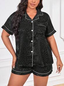 Plus Leopard Jacquard Contrast Piping Satin PJ Set / Pajama Set - Black - View 5
