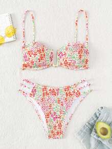 Swim Mod Ditsy Floral Print Cut Out Push Up Bikini Set For Summer Beach - White - View 1