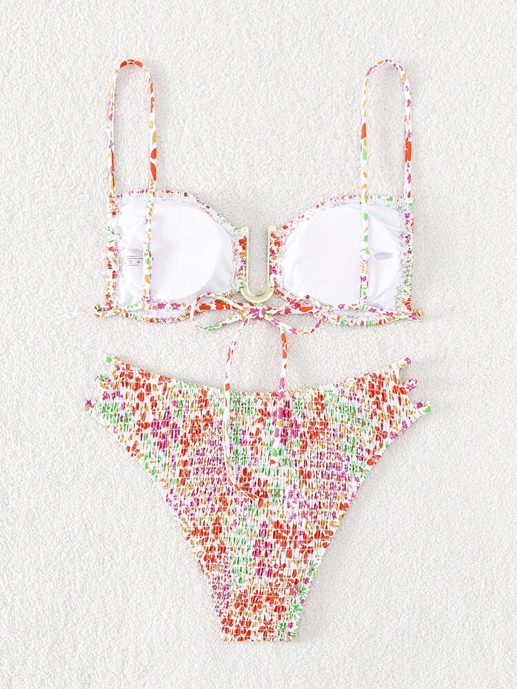 Ditsy Floral Print Cut Out Push Up Bikini Set For Summer Beach