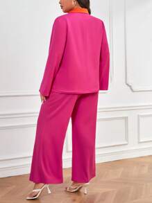 SHEIN Clasi Plus Contrast Panel Open Front Blazer & Wide Leg Pants - Hot Pink - View 3