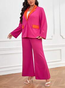 SHEIN Clasi Plus Contrast Panel Open Front Blazer & Wide Leg Pants - Hot Pink - View 4