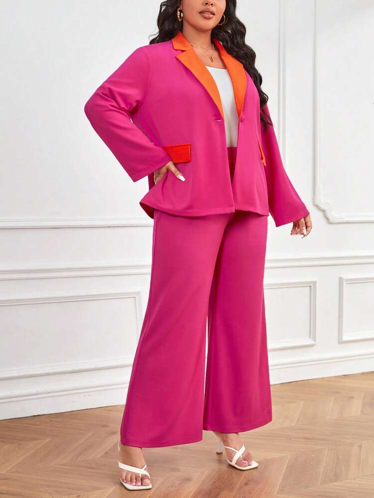 Plus Contrast Panel Open Front Blazer & Wide Leg Pants