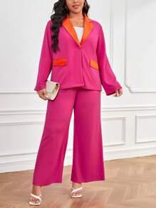 SHEIN Clasi Plus Contrast Panel Open Front Blazer & Wide Leg Pants - Hot Pink - View 1