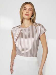 BizChic In sọc tay cánh Xa ten Áo sơ mi Trang phục làm việc - Màu be - Xem 1