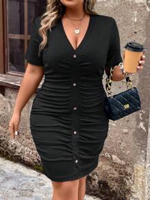 SHEIN Clasi Plus Solid Button Front Ruched Bodycon Dress - Black - View 4