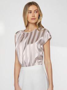 BizChic In sọc tay cánh Xa ten Áo sơ mi Trang phục làm việc - Màu be - Xem 6