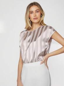 BizChic In sọc tay cánh Xa ten Áo sơ mi Trang phục làm việc - Màu be - Xem 3