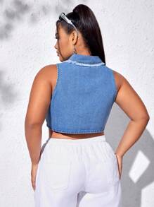 SHEIN EZwear 大碼翻蓋口袋毛邊緣短款背心 - 中等水洗藍 - 查看 2