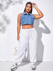SHEIN EZwear 大碼翻蓋口袋毛邊緣短款背心 - 中等水洗藍 - 查看 3