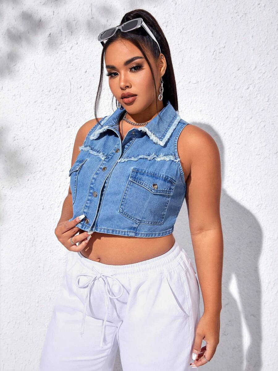 SHEIN EZwear 大碼翻蓋口袋毛邊緣短款背心 - 中等水洗藍 - 查看 1