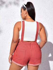 SHEIN EZwear 大碼卷邊牛仔背帶褲不附帶背心 - 乾枯玫瑰色 - 查看 2