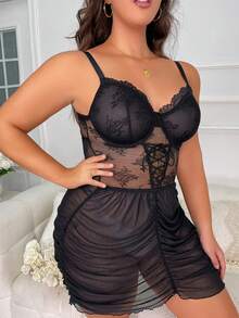 Plus Contrast Lace Ruched Mesh Slips - Black - View 5