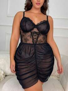 Plus Contrast Lace Ruched Mesh Slips - Black - View 1