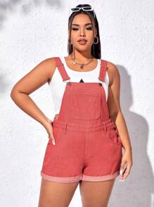 SHEIN EZwear 大碼卷邊牛仔背帶褲不附帶背心 - 乾枯玫瑰色 - 查看 5