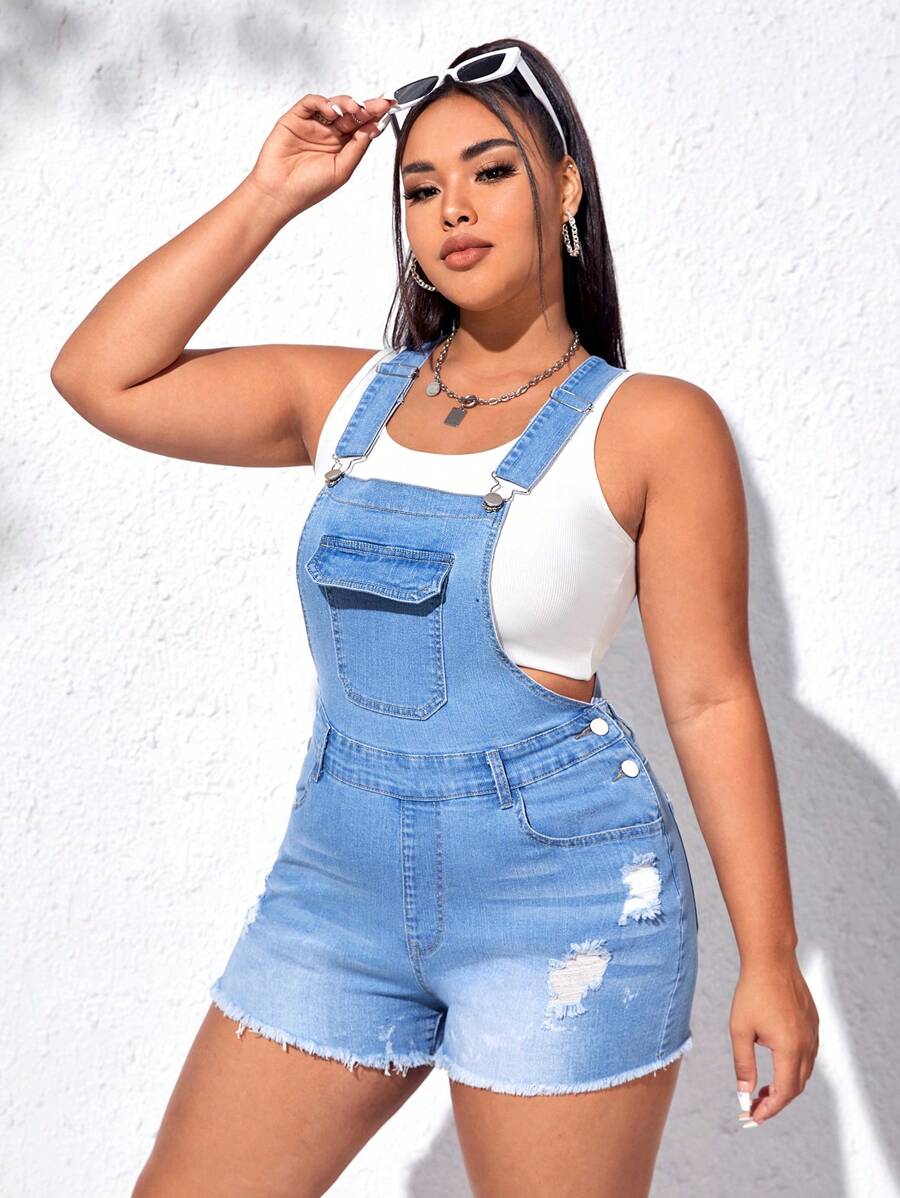 SHEIN Qutie Quần áo denim có kích thước lớn Nút Túi Hem thô Bị tách màu trơn Giải trí - Rửa nhẹ - Xem 1