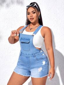 SHEIN Qutie Quần áo denim có kích thước lớn Nút Túi Hem thô Bị tách màu trơn Giải trí - Rửa nhẹ - Xem 3