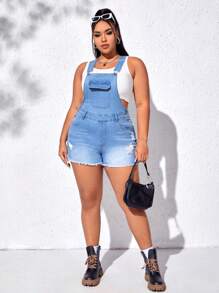 SHEIN Qutie Quần áo denim có kích thước lớn Nút Túi Hem thô Bị tách màu trơn Giải trí - Rửa nhẹ - Xem 4