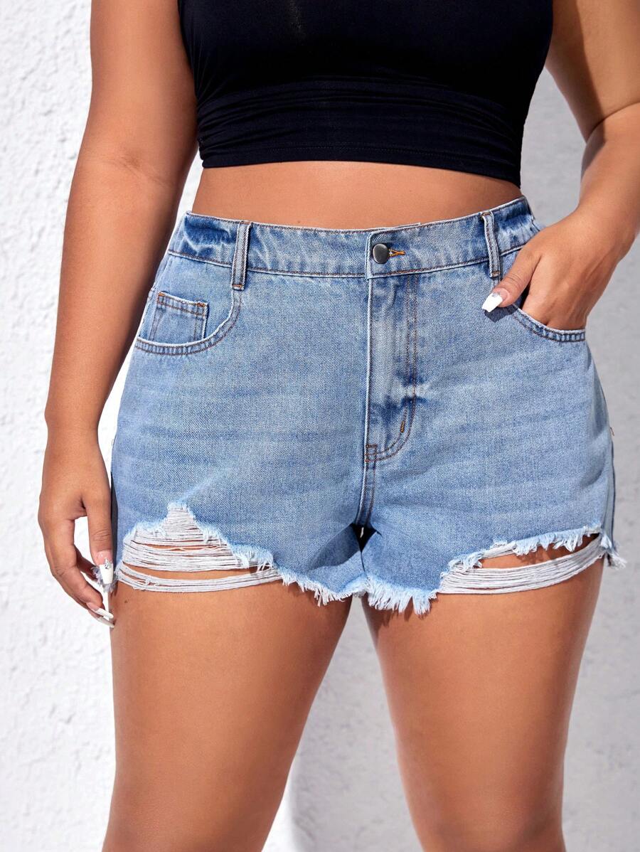 SHEIN EZwear Plus Ripped Raw Hem Denim Shorts - Light Wash - View 1